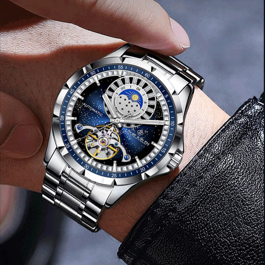 Men's business mechanical watch waterproof sun, moon and stars watch
