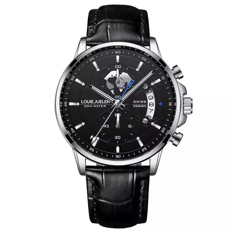 Fashion business three-eye timing leather luminous watch steel belt quartz watch