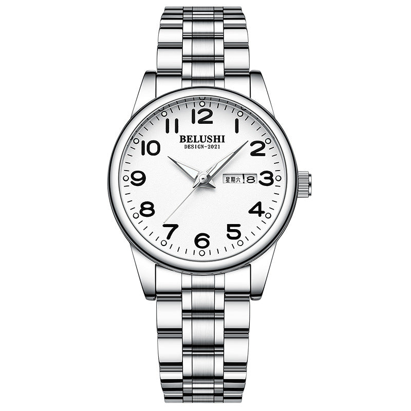 Luminous steel belt couple watch double calendar waterproof quartz watch