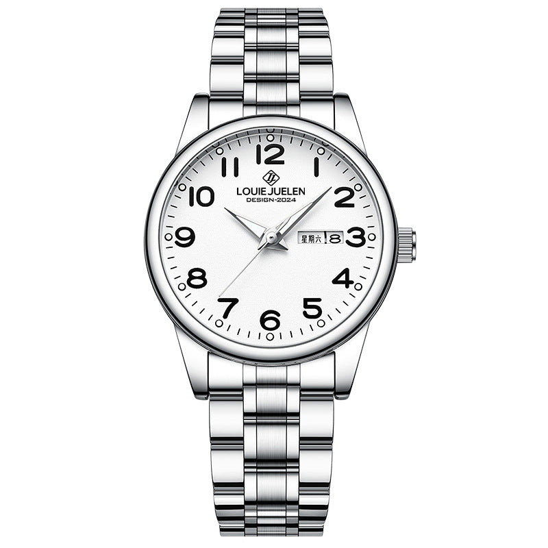 Luminous steel belt couple watch double calendar waterproof quartz watch