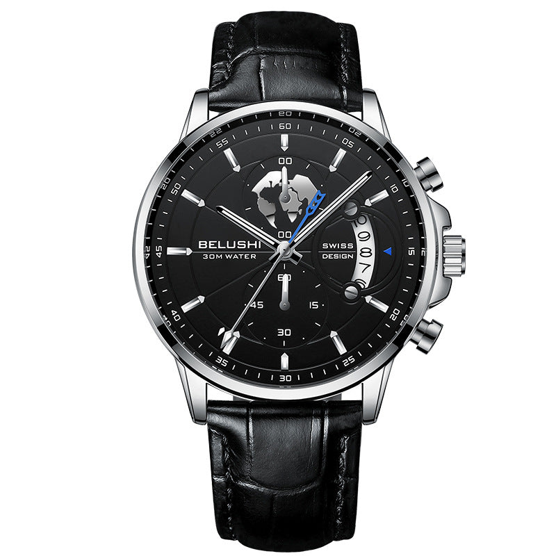 Fashion business three-eye timing leather luminous watch steel belt quartz watch