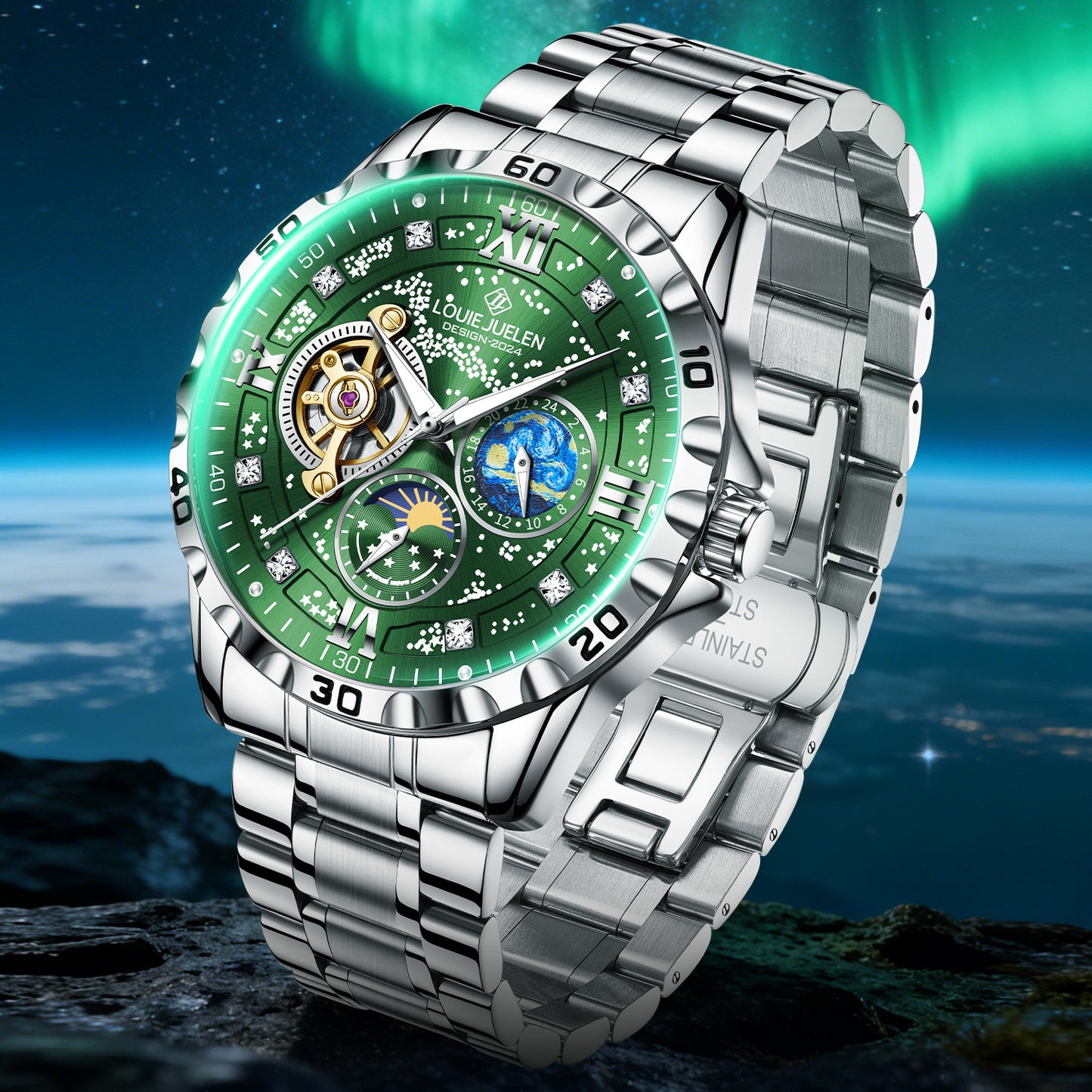 Fully automatic mechanical men's watch sun, moon and stars