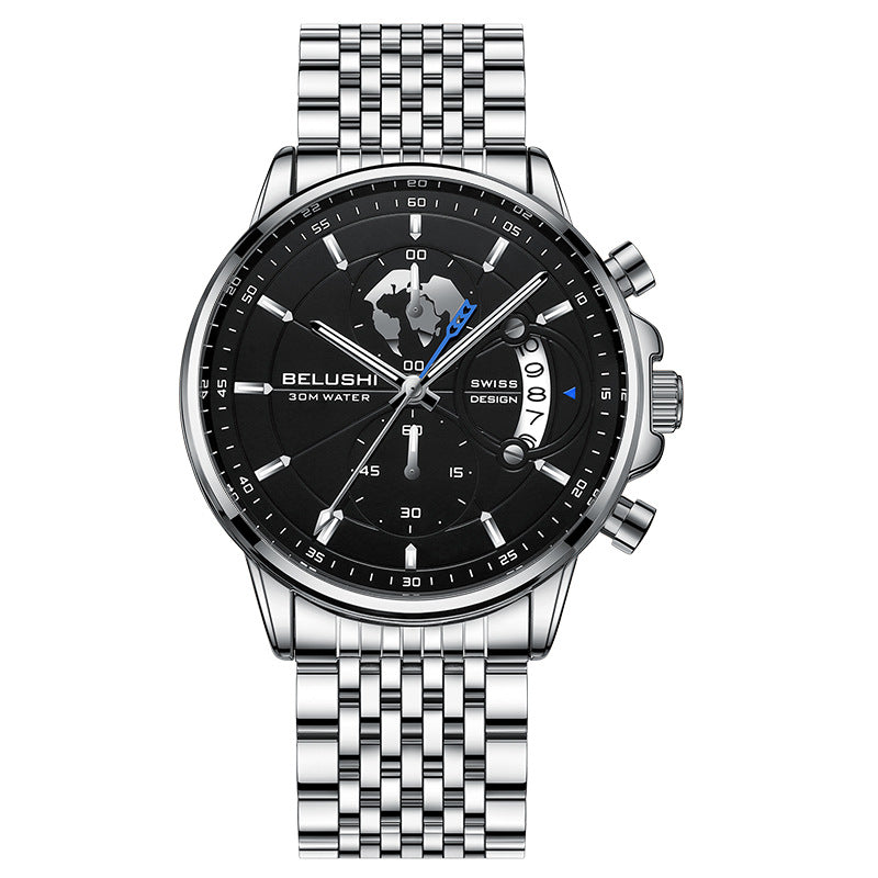 Fashion business three-eye timing leather luminous watch steel belt quartz watch