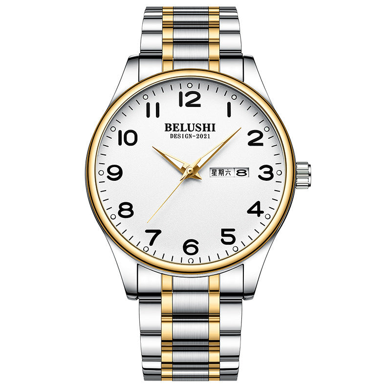 Luminous steel belt couple watch double calendar waterproof quartz watch