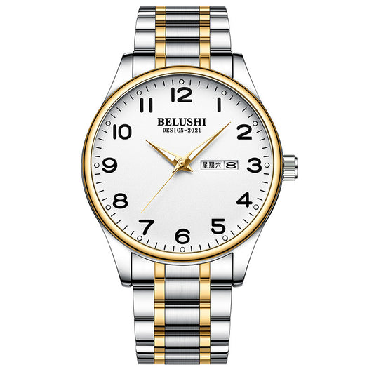 Luminous steel belt couple watch double calendar waterproof quartz watch