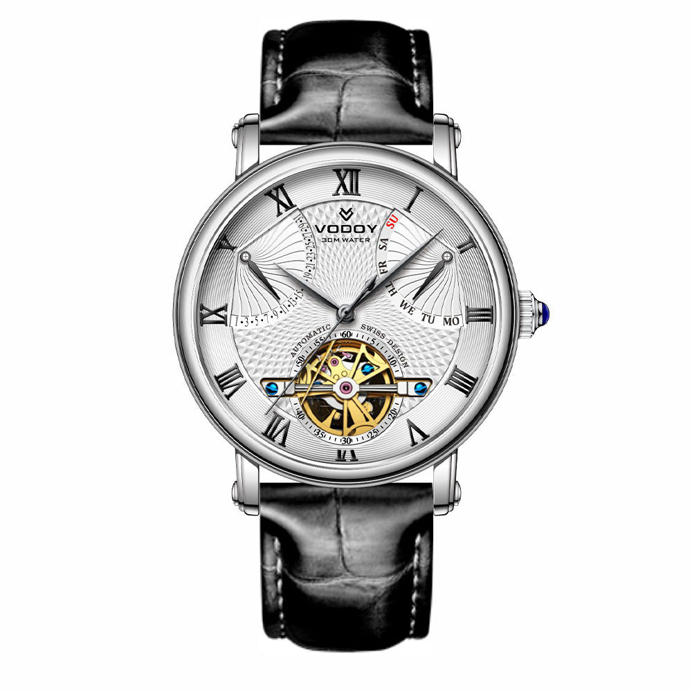 Men's business leather mechanical hollow watch