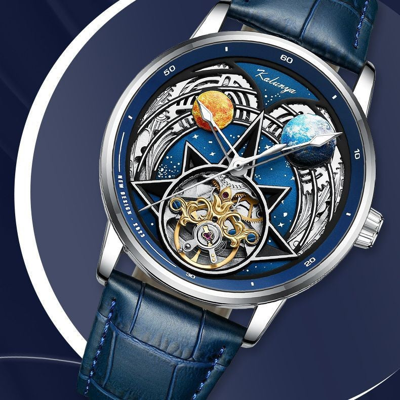 Men's mechanical watch waterproof pointer hollow luminous leather strap
