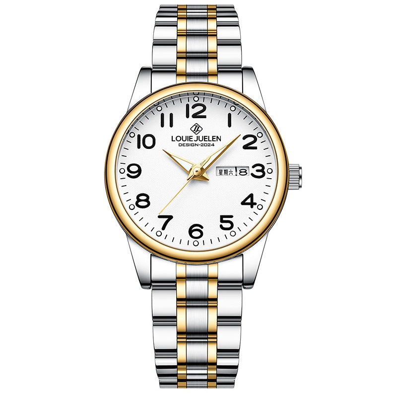 Luminous steel belt couple watch double calendar waterproof quartz watch
