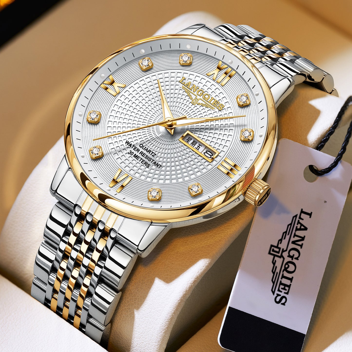 Men's steel belt watch waterproof luminous date week quartz watch