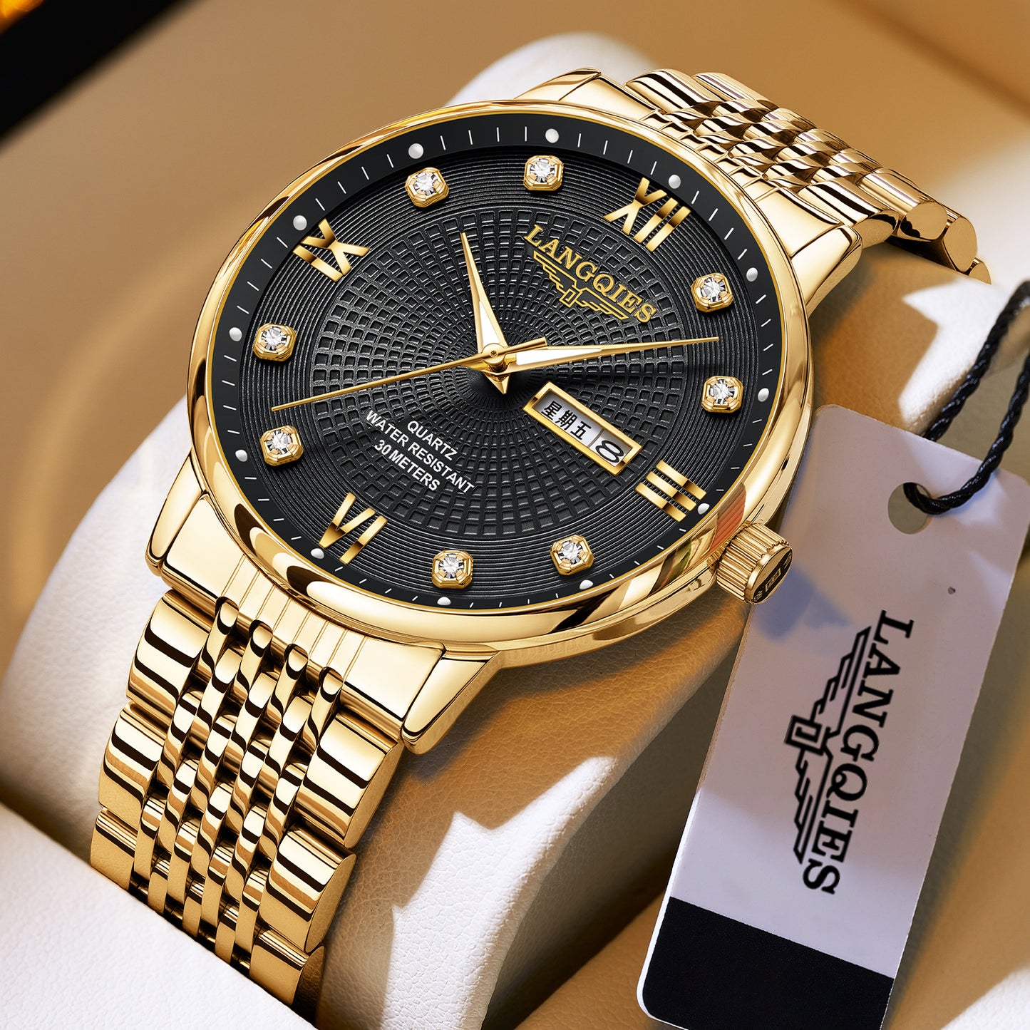 Men's steel belt watch waterproof luminous date week quartz watch