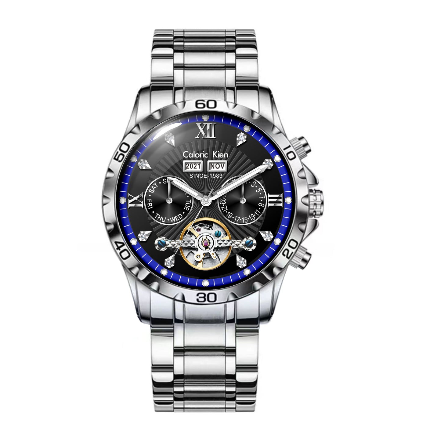 Mechanical Watch Hollow Flywheel Double Calendar Fashion Dial Men
