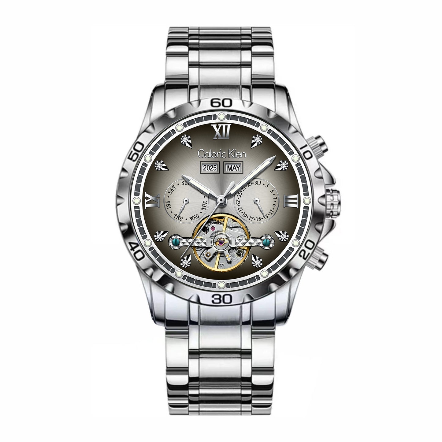 Mechanical Watch Hollow Flywheel Double Calendar Fashion Dial Men