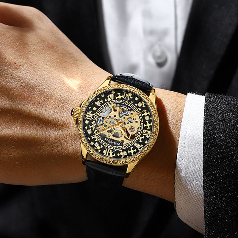 Men's mechanical watch hollow leather waterproof watch