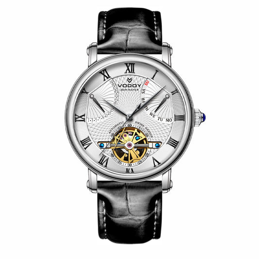 Men's business leather mechanical hollow watch