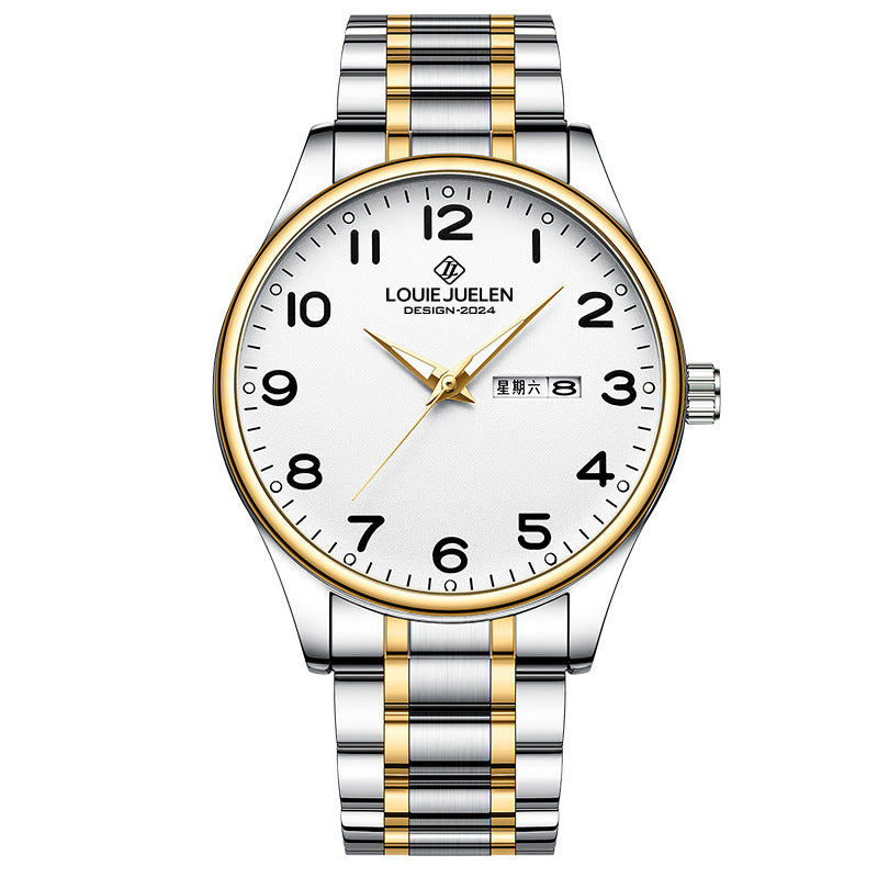 Luminous steel belt couple watch double calendar waterproof quartz watch