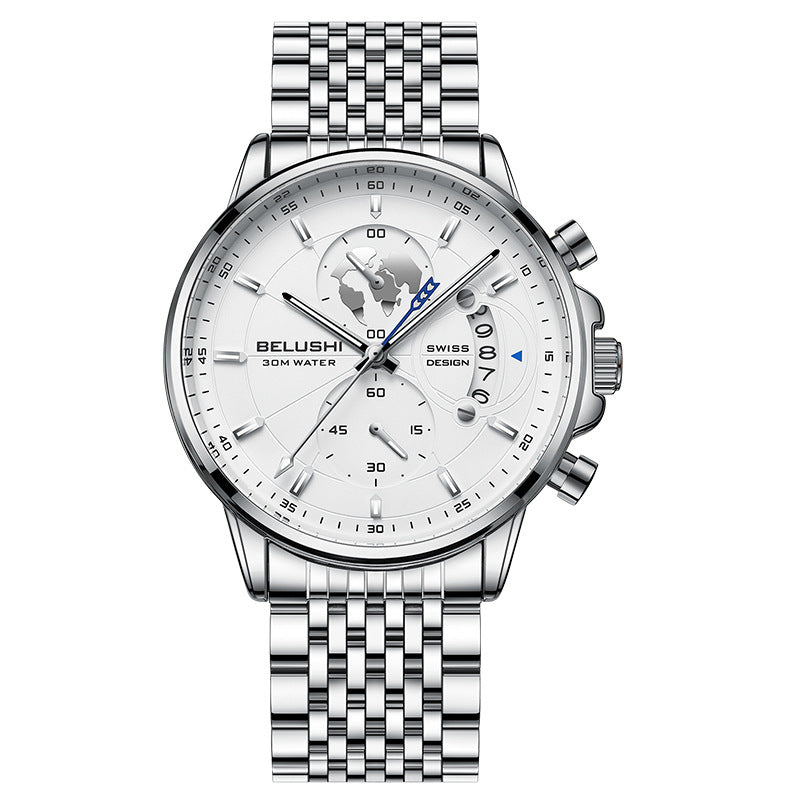 Fashion business three-eye timing leather luminous watch steel belt quartz watch