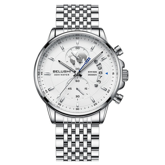 Fashion business three-eye timing leather luminous watch steel belt quartz watch