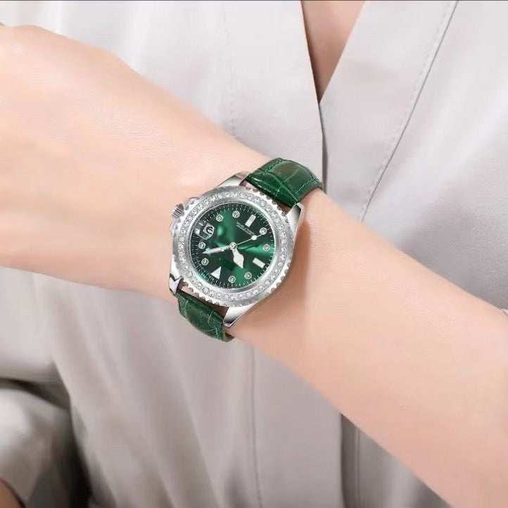 Ladies Quartz Watch Diamond Small Green Watch Leather