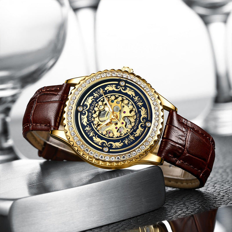 Men's watch with diamond hollow automatic mechanical watch