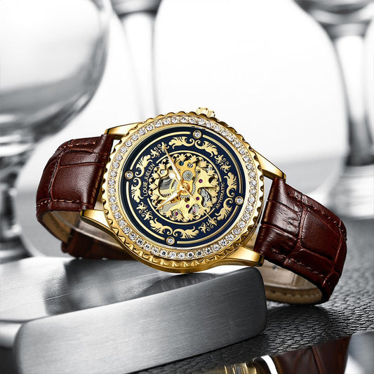 Men's watch with diamond hollow automatic mechanical watch