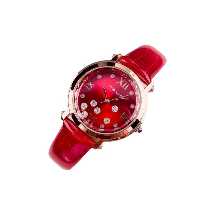 Sun pattern burgundy women's watch high-end diamond-encrusted quartz watch