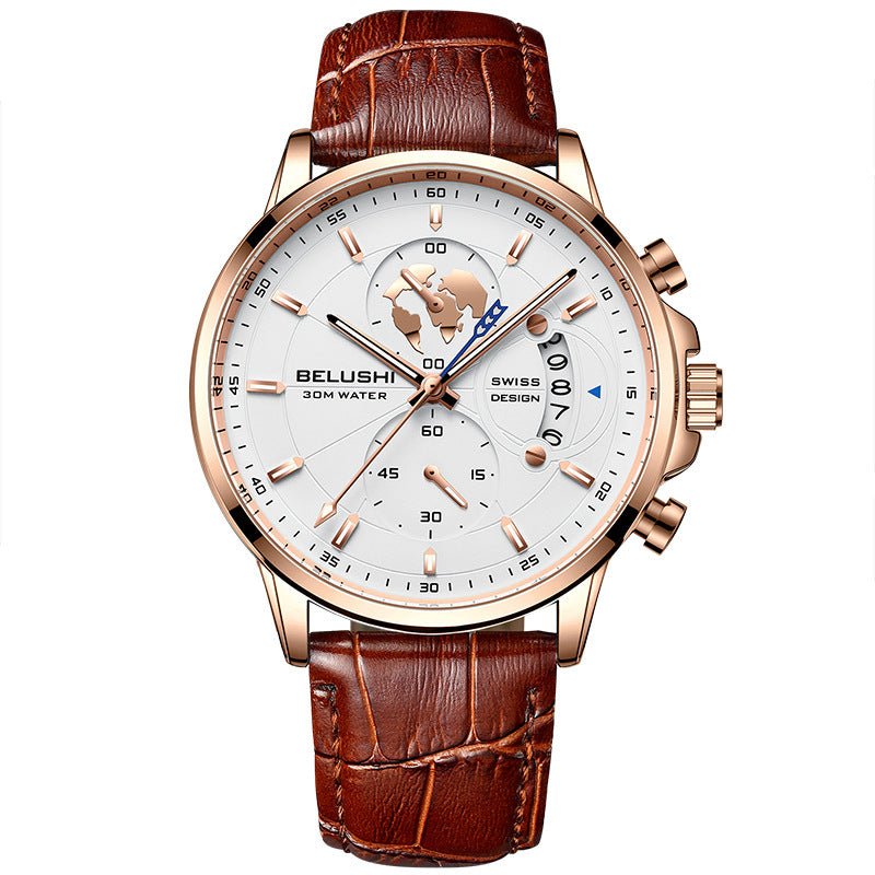 Fashion business three-eye timing leather luminous watch steel belt quartz watch