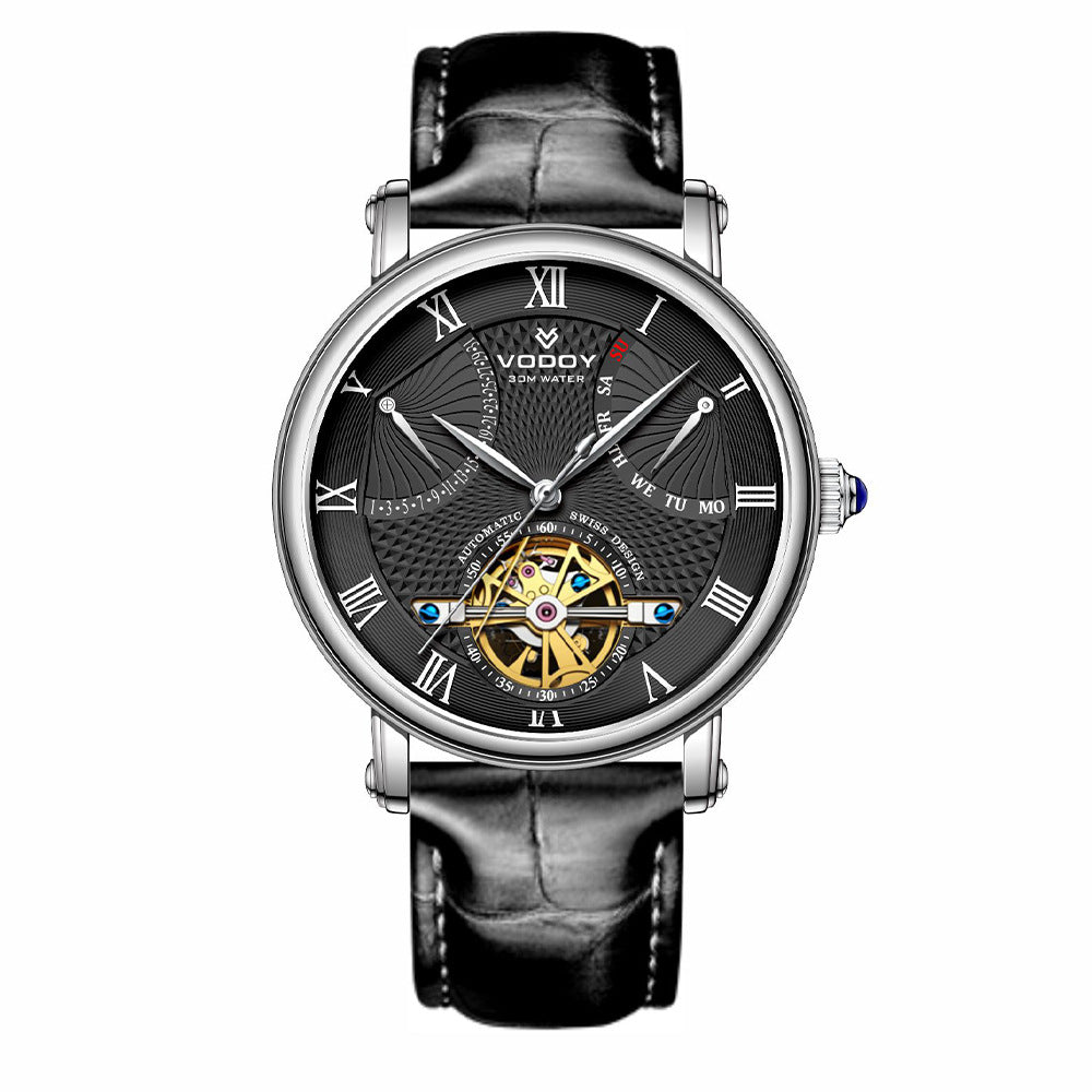 Men's business leather mechanical hollow watch