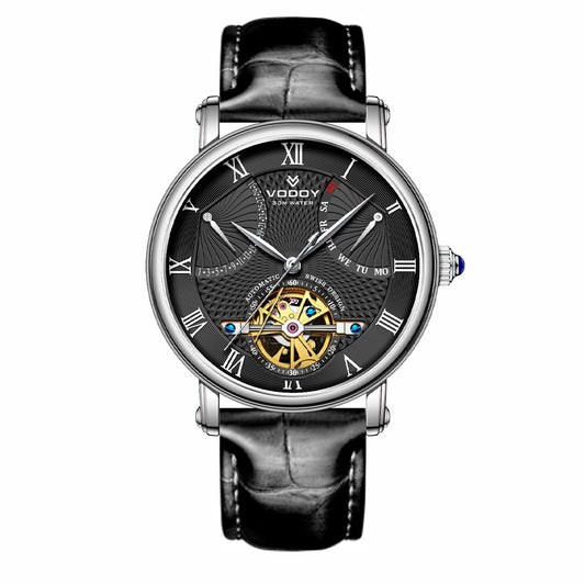 Men's business leather mechanical hollow watch