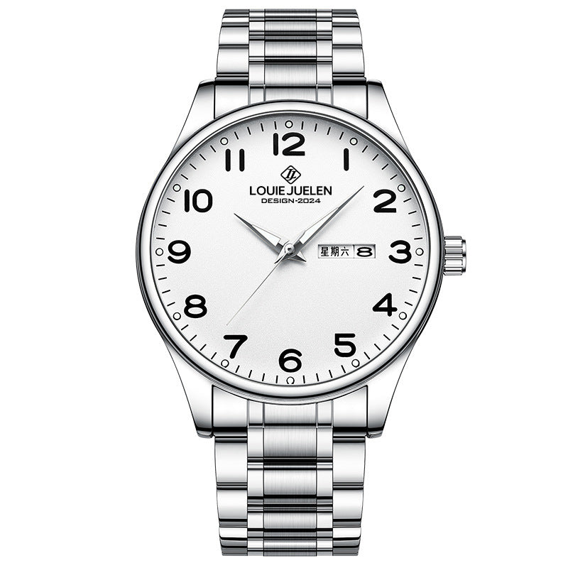 Luminous steel belt couple watch double calendar waterproof quartz watch