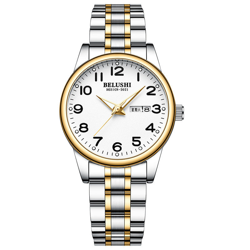 Luminous steel belt couple watch double calendar waterproof quartz watch