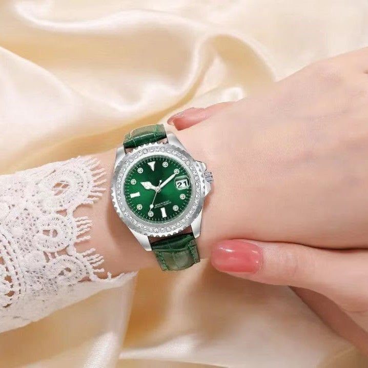 Ladies Quartz Watch Diamond Small Green Watch Leather