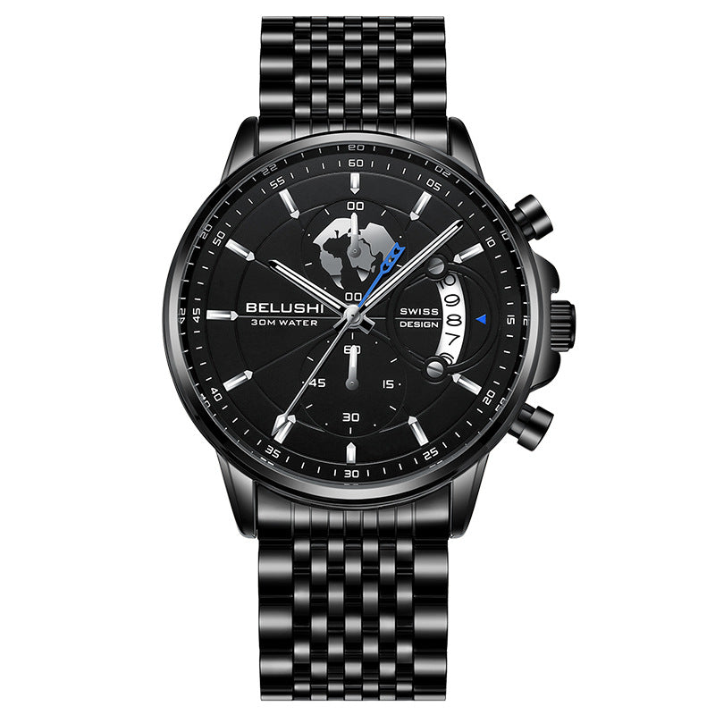 Fashion business three-eye timing leather luminous watch steel belt quartz watch