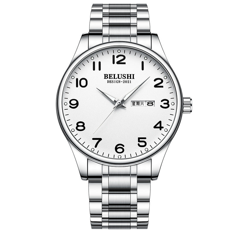Luminous steel belt couple watch double calendar waterproof quartz watch