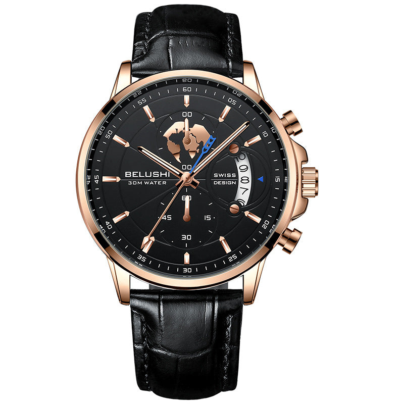 Fashion business three-eye timing leather luminous watch steel belt quartz watch
