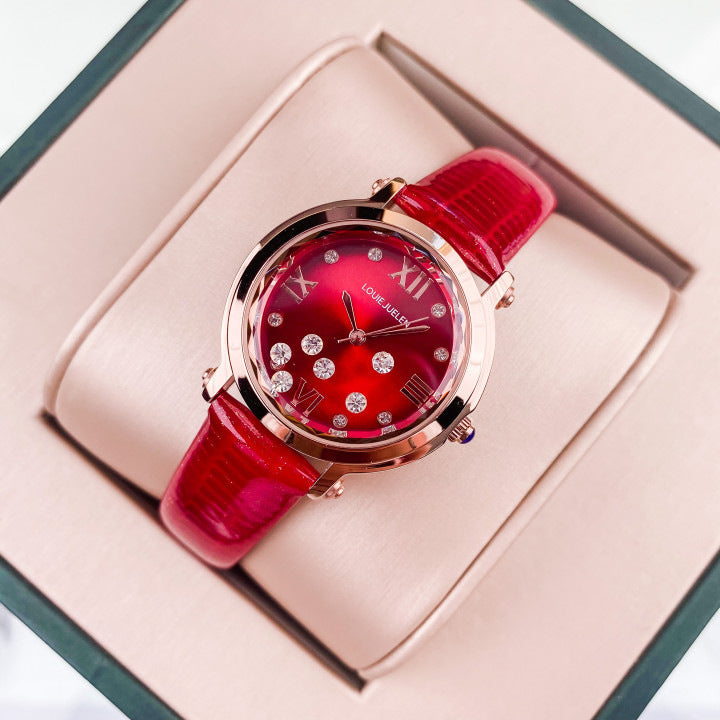 Sun pattern burgundy women's watch high-end diamond-encrusted quartz watch